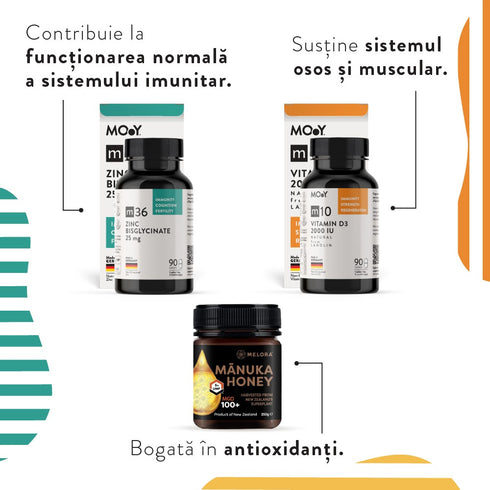 IMMUNITY ESSENTIALS, pachet promotional (Miere Manuka Melora 100+, 250g + m36 Zinc Bisglycinate+ m10 Natural Vitamin D3 2000 IU from lanolin), natural, 335.5g